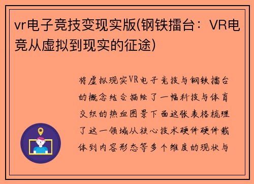 vr电子竞技变现实版(钢铁擂台：VR电竞从虚拟到现实的征途)